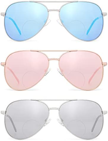 3 Pack Bifocal Reading Sunglasses for Women Men, Aviator Sun Readers Glasses Mirrored Shades UV400 +1.50
