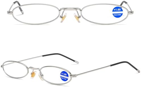 Easy Carry Mini Slim Reading Glasses Blue Light Blocking Oval Metal Portable Readers w/Pen Clip Tube Case