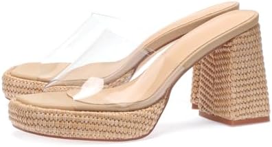 Monrovia Raffia Heeled Sandals for Women,Platform Wedge Slip On Block Heel, Dressy Summer Open Toe Chunky High Heel Vacation Beach Slides Sandals