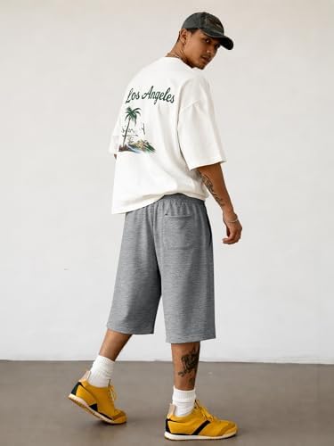 JMIERR 2026 Men's Baggy Sweat Shorts Lightweight Under Knee Casual Raw Hem Drawstring Y2K Shorts Loose Fit Gym Shorts