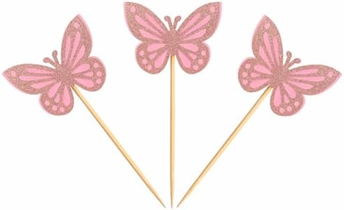 30 Pcs Butterfly Cupcake Toppers Assembled Butterfly Cake Toppers Glitter Butterflies Cake Picks Double Layers Cupcake Topper for Cake Decor Light Pink