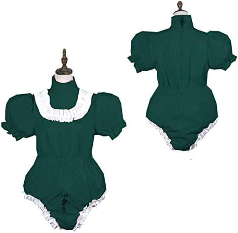 Bodysuit Shiny PVC Short Sleeve Maid Costume Vinyl Maid Dress Lockable Jumpsit Plus Size,Dark Green,L