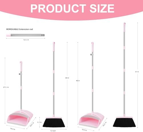 BSKLIN Broom and Dustpan Set, 52” Long Adjustable Handle Broom with Dustpan Combo Set with Dust Pan Teeth to Clean Hair for Home Lobby Office (Pink)