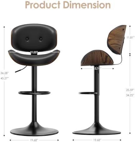 Adjustable Swivel Bar Stools Chair,Counter Height Bar Stools with Back,350 LBS PU Leather Bar Stool for Kitchen Island,Upholstered Pub Stools with Footrest (Black, Set of 1)