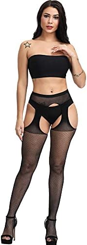 E-Laurels Womens High Waist Patterned Fishnet Tights Suspenders Pantyhose Thigh High Stockings Black