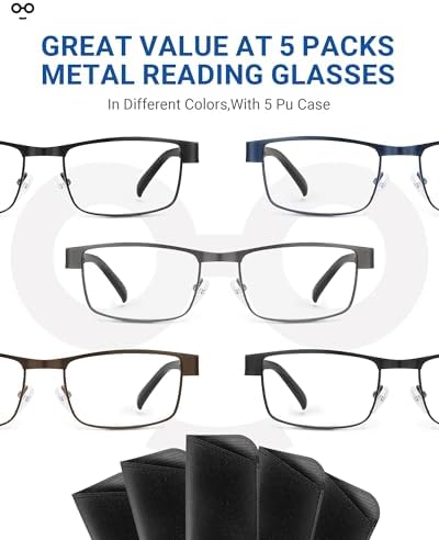 JOLISU 5PCS Reading Glasses Men - Blue Light Blocking Computer Metal Thin Frame Readers For Mens/Women W/Case(2.00)