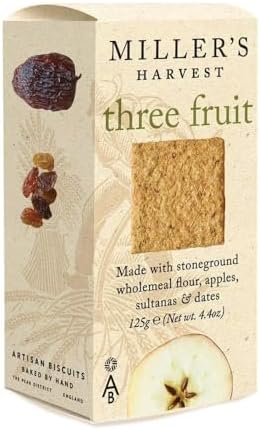 Miller's Harvest Artisan Biscuits Three-Fruit Crackers | Stoneground Wholemeal Flour with Apples Raisins & Dates | Imported from England | 4.4 oz