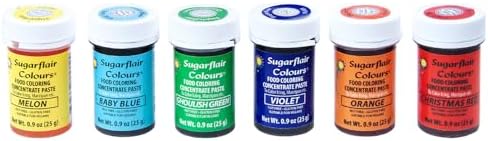 Sugarflair Rainbow Set of Food Coloring Concentrate Paste, 25 Grams Each of 6 Colors: Baby Blue, Christmas Red, Ghoulish Green, Melon, Orange & Violet (Total 150 Grams)
