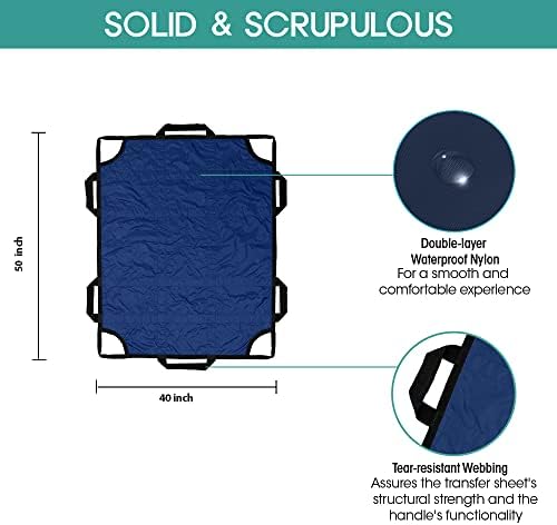 Bed Positioning Pad with Reinforced Handles, 50" X 40" Multipurpose Waterproof Transfer Sheet for Turning, Lifting & Sliding, Reusable Washable Patient Positioning Sheet for Bedridden, Caregiver, Blue