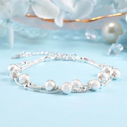 QianSiLi 925 Sterling Silver Charm Bracelet for Women Adjustable Beaded Layered Bracelets Silver Jewelry Gift for Women Teen