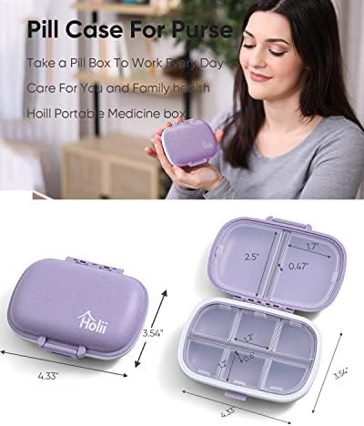 Holii Travel Pill Organizer, 8 Compartments Portable Pill Case, Daily Pill Box to Hold Vitamins, Small Pill Container for Pocket Purse Medicine Organizer(Purple)