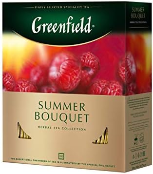 Greenfield Summer Bouquet Herbal Tea - 100 Individually Wrapped Tea Bags - Caffeine-Free Fruit Tea with Hibiscus, Rosehips, and Raspberry - Bright and Fruity Infusion - 7.05 oz