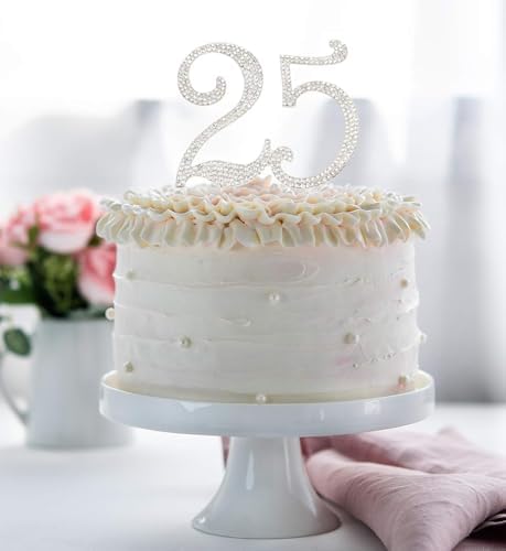 Bling Crystal Rhinestone 25 Birthday Cake Topper - Best Keepsake | 25th Party Decorations Silver
