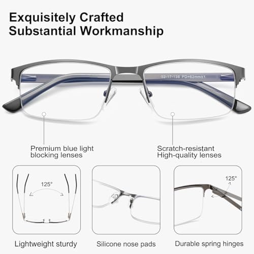 EYECEDAR 5 Pack Reading Glasses Men Blue Light Blocking Eyeglasses Gunmetal Gray Metal Half Frame Spring Hinges Readers for Men and Women 2.0