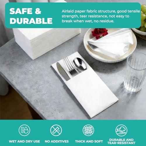 CXPSINC White Napkins Disposable with Pocket, 50Pcs Pre-Folded Airlaid Paper Dinner Napkins, Soft and Absorbent for Parties, Weddings, Dinners or Events