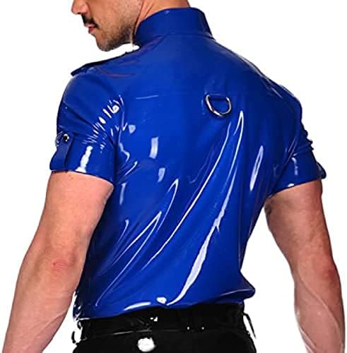 Latex Shirt with Buttons On The Front, Turn-Down Collar, Short Sleeves, D-Rings, Rubber Top Clothing,Black,L