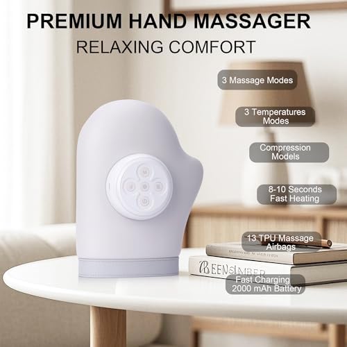 Hand Massager, Cordless Palm & Finger Massager with Heat and Compression, 3 Modes & 5 Intensities, Rechargeable Portable Gift-Ready