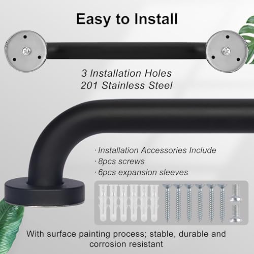 supregear Grab Bars for Wall, Bathroom Shower Handle for Seniors, 1 Inch Diameter 201 Stainless Steel Safety Hand Rail, Wall Mounted Toilet Bathtub Support, Black Finish, 12 Inch