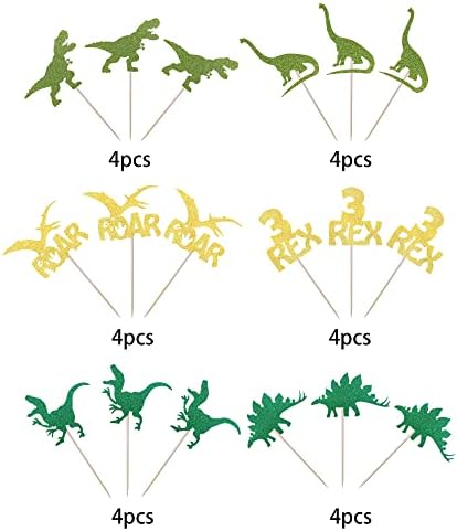 24 Pack Dinosaur Cupcake Toppers Glitter 3 Rex Roar Dinosaur Cupcake Picks Three Years Old Dino Theme Baby Shower Third Birthday Party Cake Decorations Supplies Gold