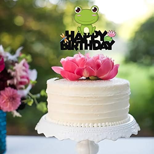 Glitter Frog Happy Birthday Cake Topper for Baby Shower, Kids Birthday Party Decorations,Rainforest Party Decor, Frog Princess Cake Decor,Frog Birthday Decor