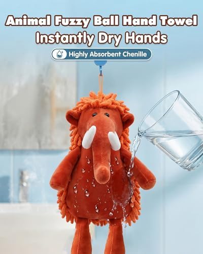 Forest Animals Fuzzy Ball Hand Towel Set of 2, Series Super Soft Chenille Bath & Kitchen Towels, Absorbent Decorative Fuzzy Ball Hanging Towel for Bathroom, Sink, Countertop (Elephant,Wild Boar)