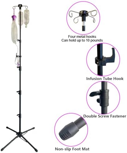 Four-Leg Portable IV Pole for Travel, Adjustable IV Poles Bag Stand Feeding Tube Holder Stand, for Pediatric Nursing Clinic HomeCare or Traveling