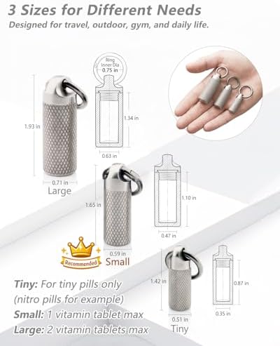 Titanium Keychain Pill Holder, Waterproof Small Pill Case for 2-3 Emergency Nitro Pills, Portable Metal Pill Organizer Container with Key Ring, Travel Pill Box for Purse (Tiny/Small/Large)