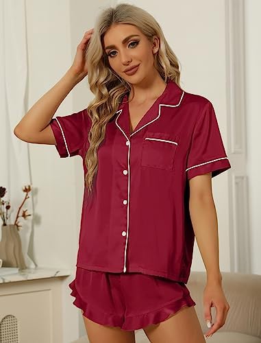 SAPJON Satin Silk Pajamas for Women 2Pcs Ruffle Notch Collar Sleepwear Button Down Short Sleeve Shorts Pjs Set Loungewear