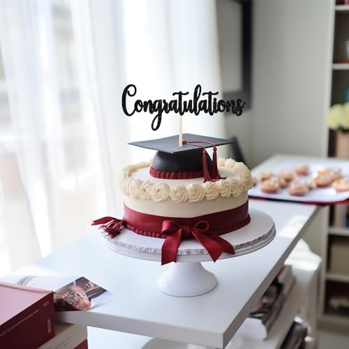 Black Glitter Congratulations Cake Topper - Congrats Cake Topper - Graduation, Wedding, Retirement, Birthday, Anniversary, Celebration Party Decorations