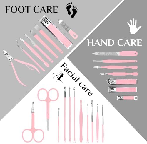 MINKINH 26-Piece Professional Manicure Set,Features Stainless Steel Tools, Carbon Steel Clippers & Travel Case for Women's Home and Travel Grooming(Pink)