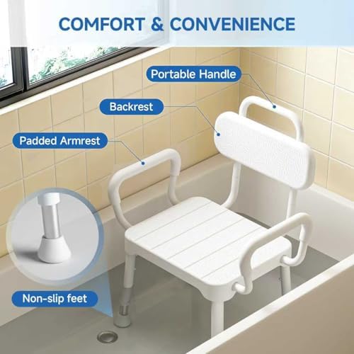 Shower Chair for Bathtub, Adjustable Height 15.7"–21.2" Bath Stool with Removable Backrest and Arms, Rust-Resistant Aluminum Frame, Non-Slip Rubber Feet, Supports 350 lbs, Neutral Gray