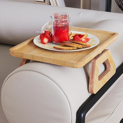 Couch Arm Tray,Bamboo Folding Sofa Tray,Sofa Armrest Trays Clip-On Couch Desk for Drinks,Snacks,Phone,Remote Control(Natural)