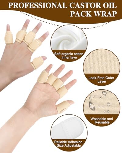 10pcs Castor Oil Pack Wrap for Fingers, Reusable Castor Oil Compress Pack for Finger and Thumb, Soft Organic Cotton, Self Adhesive Adjustable Finger Wraps
