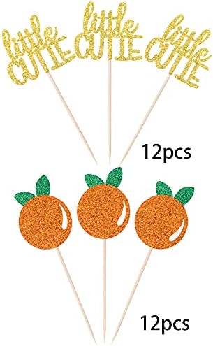 24 PCS Little Cutie Cupcake Toppers Glitter Orange Cupcake Picks for Citrus Theme Baby Shower Kids Birthday Party Cake Decorations Supplies