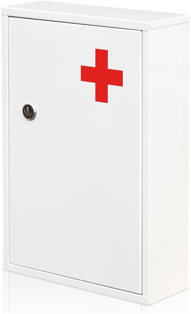 Steel Wall-Mount Lockable Medical Cabinet, 2-Tier Medical Box with Key, Metal Storage Box, Medicine Organizer Secure Large Capacity, First Aid Cabinet for Bathroom School 12.59Ã8.46Ã3.14"