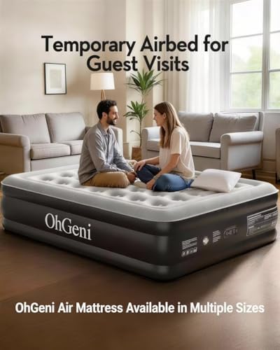 OhGeni Air Mattress Queen with Built in Pump, 18" Raised Inflatable Blow Up Mattress, Upgraded Surface Portable Bed for Home, Camping, Colchone Inflable, Ideal Alternative to a Bed, 1-Pack Only