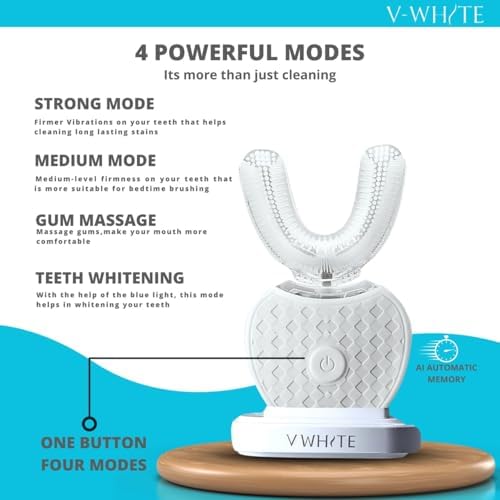 V-WHITE Adults Auto Brush Ultrasonic U-Shaped Toothbrush – 360° Teeth Cleaning, Hands-Free Electric Autobrush – Gum Protection, Waterproof IPX7, Wireless Charging