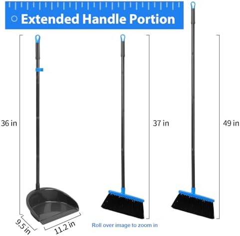 REEWII Broom and Dustpan Set ,Long Handle Broom with Upright Standing Dust pan for Indoor Outdoor Home Kitchen Office Floor Cleaning