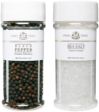 India Tree Tellicherry & Salt Jar Gift Pack - Premium Black Pepper and Sea Salt Crystals - 13.5 Ounces Total