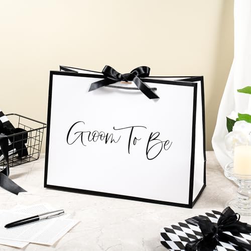 Loveinside 13" Large Groom Shower Gift Bag, White & Black Groom To Be Elegant Script Design Gift Bag with Bow Ribbon for Shower, Engagement, Bachelor Party, Wedding, 13" x 5" x 10", 1 Pcs