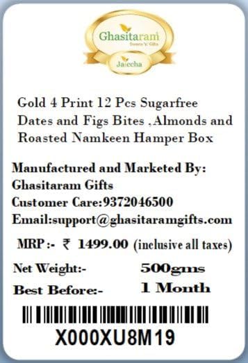 Ghasitaram Gifts Valentines Gift for Girlfriend/Boyfriend/Husband and Wife - Healthy Hampers - Gold 4 Print 12 Pcs Sugarfree Dates and Figs Bites,Almonds and Roasted Namkeen Hamper Box