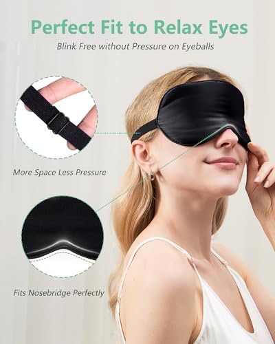 BeeVines 100% Real Mulberry Silk 2 Pack Sleep Mask, Pure Silk Eye Masks with Adjustable Strap for Sleeping, 100% Block Light Eye Sleep Shade Cover, Reduces Puffy Eyes Traveling Gifts(Black & Blue)