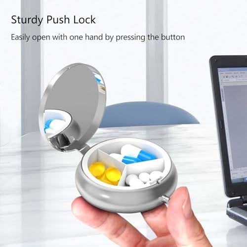 Metal Pill Organizer - 3-Compartment Mini Round Pill Case for Pocket & Purse, Portable Vitamin Holder, Easy-Open Design for Travel - Red Rose