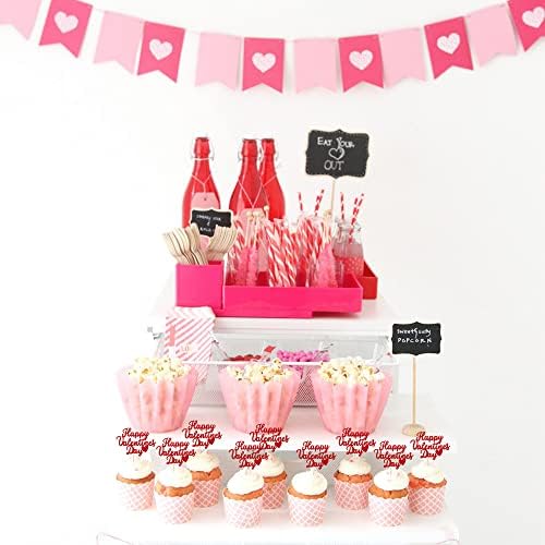 24 PCS Happy Valentine's Day Cupcake Toppers Glitter Sweet Love Be Mine Valentines Cupcake Picks Valentine's Day Theme Birthday Party Cake Decorations Supplies Red