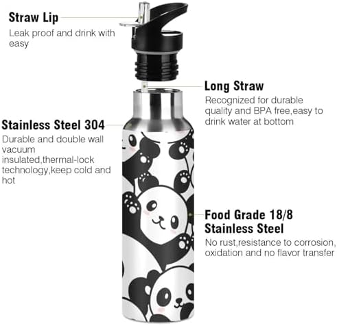 Panda Water Bottle Kids Panda Bottle with Straw Lid Leakproof Cute Animal Print Insulated Stainless Steel Water Flask Bottle for Sports Gym Outdoor 20 oz