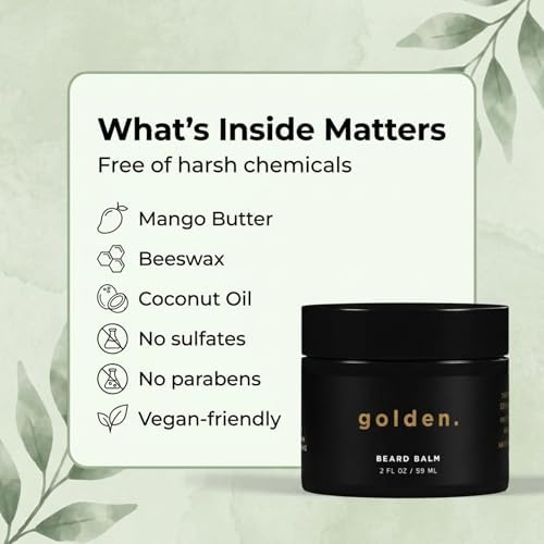 Golden Grooming Beard Balm - Tames Flyaways & Promotes Thicker Growth - Natural Styling Wax with Shea & Mango Butter - Relieves Beard Itch & Dandruff - Signature Fresh Scent, 2oz