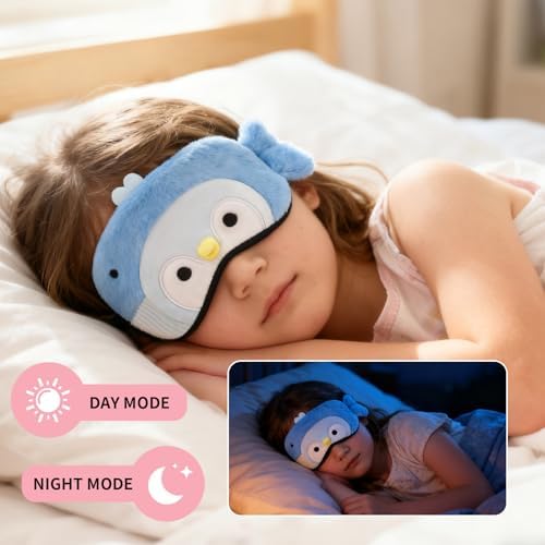 PERFECTSIGHT Sleep Eye Masks, Cute Plush Sleep Eye Cover Lightweight Adjustable Eyeshade Faux Fur Mask Cover for Women Men Kids Sleep Travel Nap, Blue Penguin