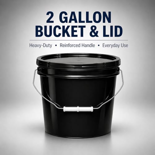 MKS Plastics 2-Gallon Bucket with Airtight Lid – Made in USA, Food Grade BPA Free Plastic, Heavy Duty Multi-Use, Metal Handle with Grip, Stackable Storage – Black, 6 Pack