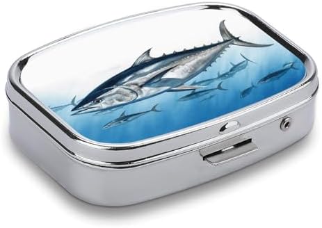 Bluefin Tuna Thunnus Pill Organizer with 2 Compartments Portable Pill Container Small Pill Box for Purse Travel Essentials Metal Pill Case Mini Medicine Container for Daily Use