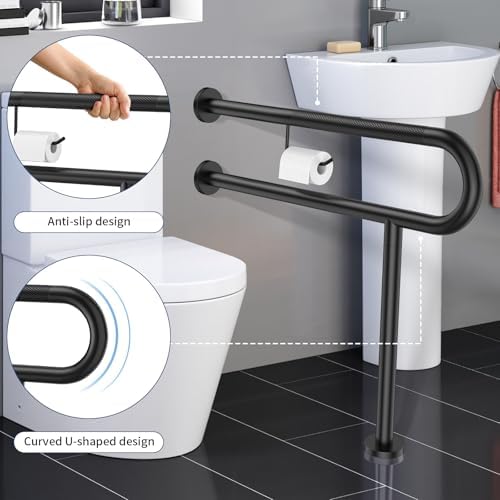 Toilet Support Rail w/Toilet Paper Holder 31.5x28 Inch, ZUEXT Wall to Floor Matte Black Anti-slip Handicap Grab Bar for Bathroom,Stainless Steel Safety handrails with Leg for Elderly Disabled Pregnant